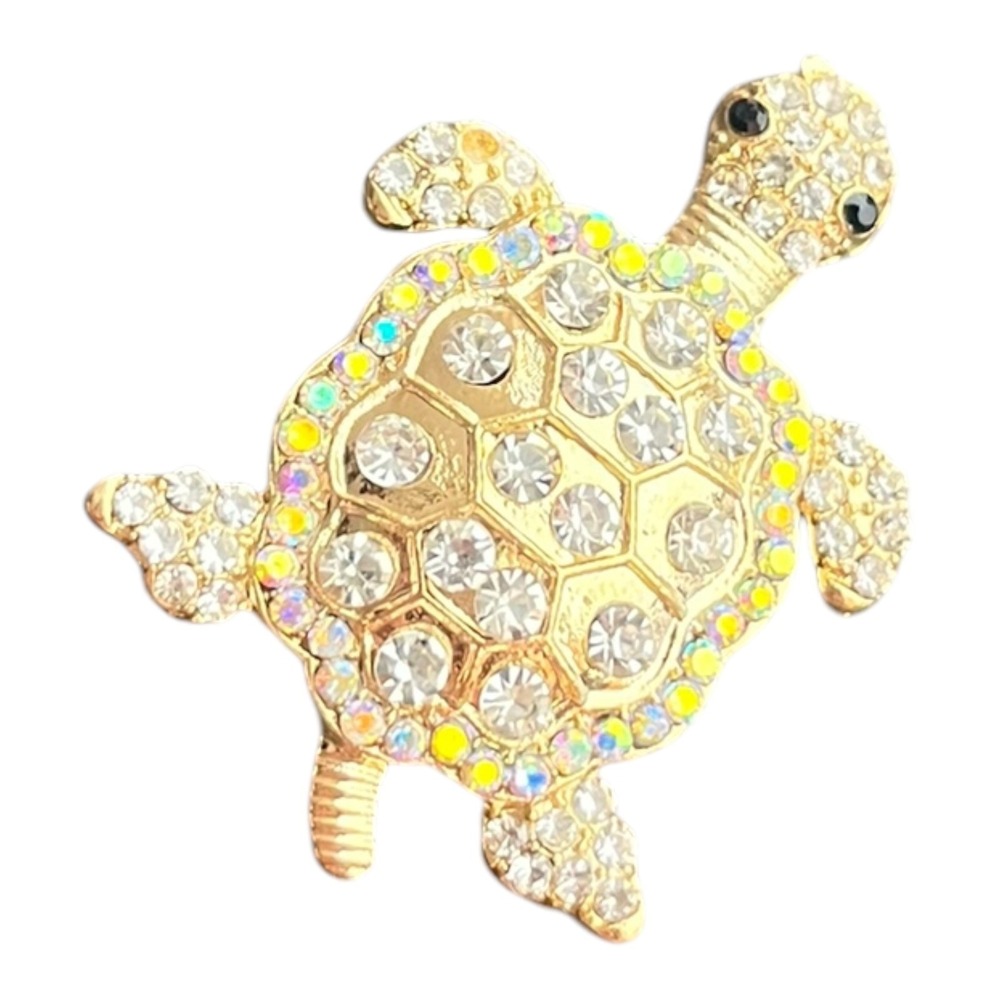 Sea Turtle Brooch Pin 1.75" Long White Rhinestone Gold Tone Animal Jewelry